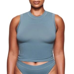 Skims Stretch Cotton Jersey Mock Neck Tank Tshirt Top Kyanite XSmall NWT